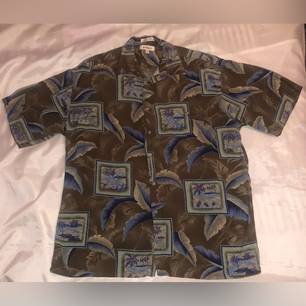 Pierre Cardin Brown and Blue Rayon Button-Front Shirt
